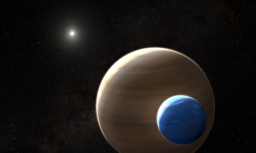 Figure 1. Artist’s impression of the exomoon candidate Kepler-1625b-i which, if confirmed, will be the first moon to be found outside the Solar System. Credit: NASA, ESA, and L. Hustak (STScI)