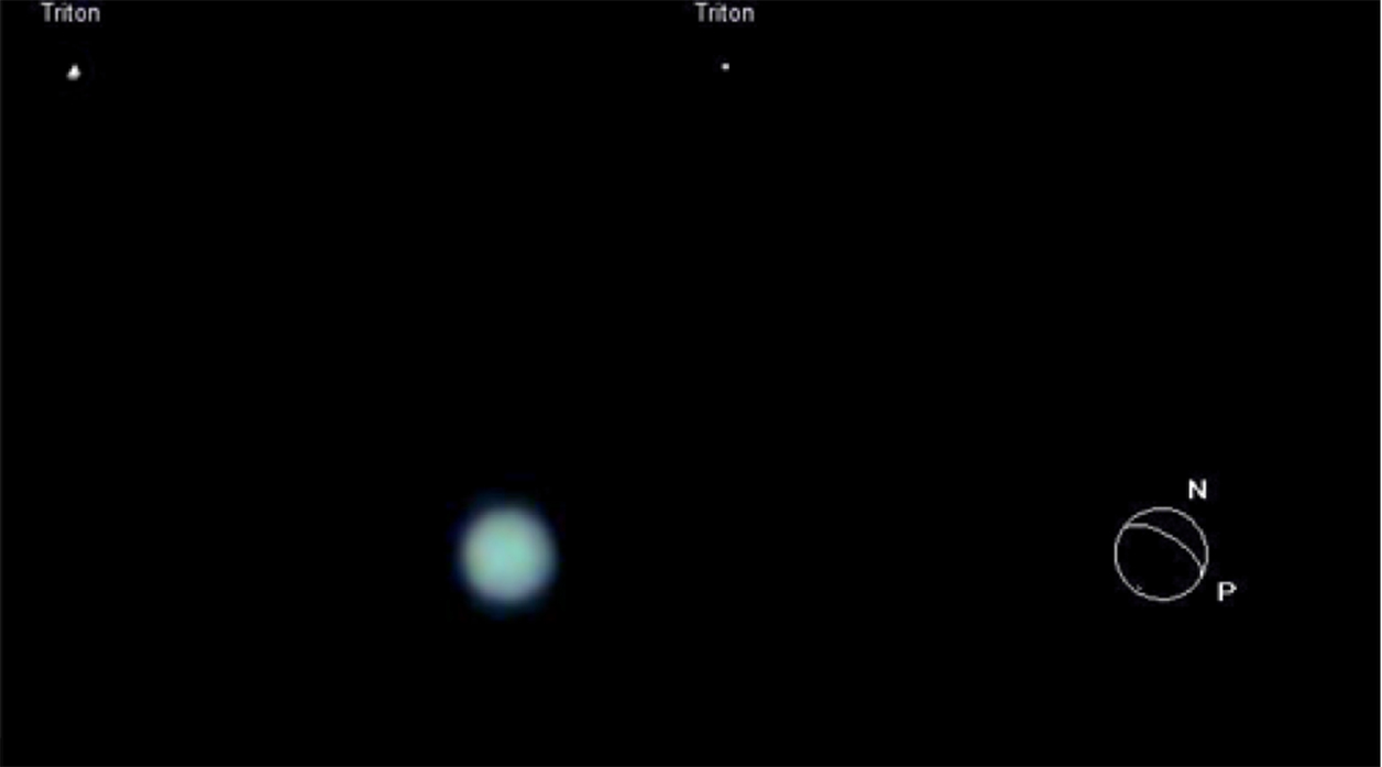 Neptune is visible as a blue hazy disc at bottom left. Triton is above it; a star-like point
