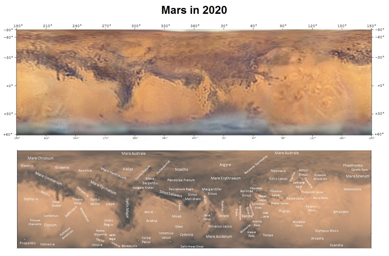 Two strip maps, one labelled and the other not, showing features on Mars in 2020