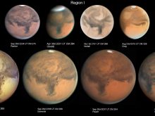 Region I of Mars, during 2020: a selection of images showing the longitudes described in the text during the apparition. Syrtis Major is central in most.
