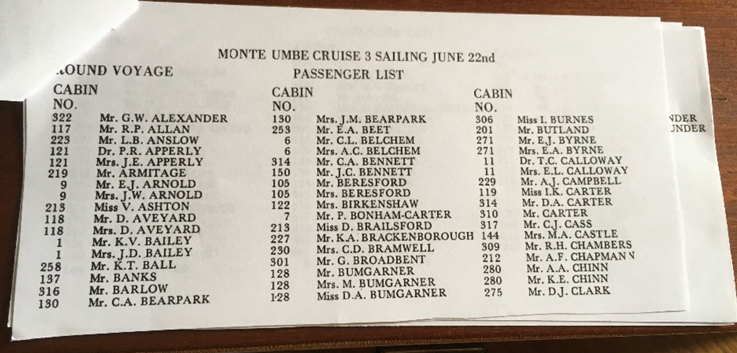 The passenger list, with columns of names (in alphabetical order) and their cabin numbers alongside. This part of the list runs A to C, and Botley's name is not present