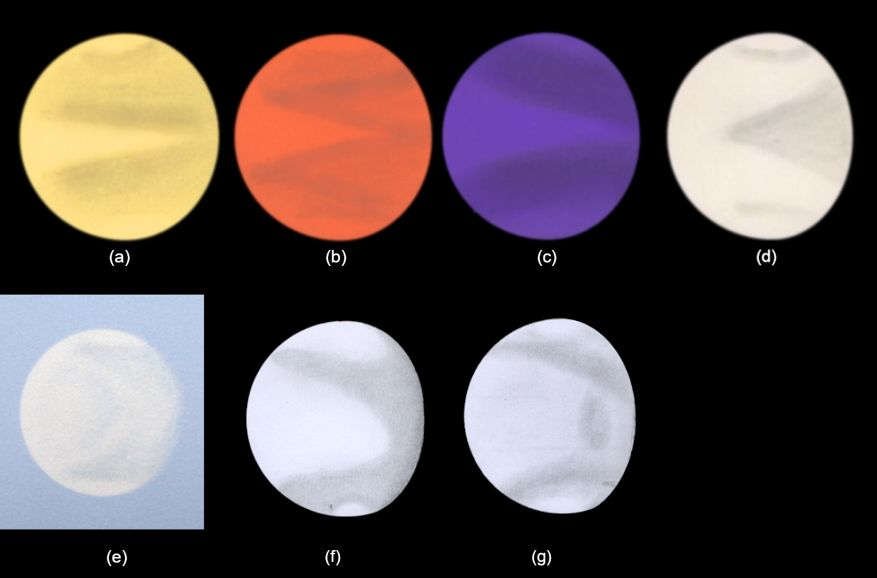 Seven drawings, labelled a to g. The first four appear yellow, red, blue and white, respectively, due to filters used. Cloud markings appear as dark smudges. The last three are in white (integrated) light, i.e. with no filter.