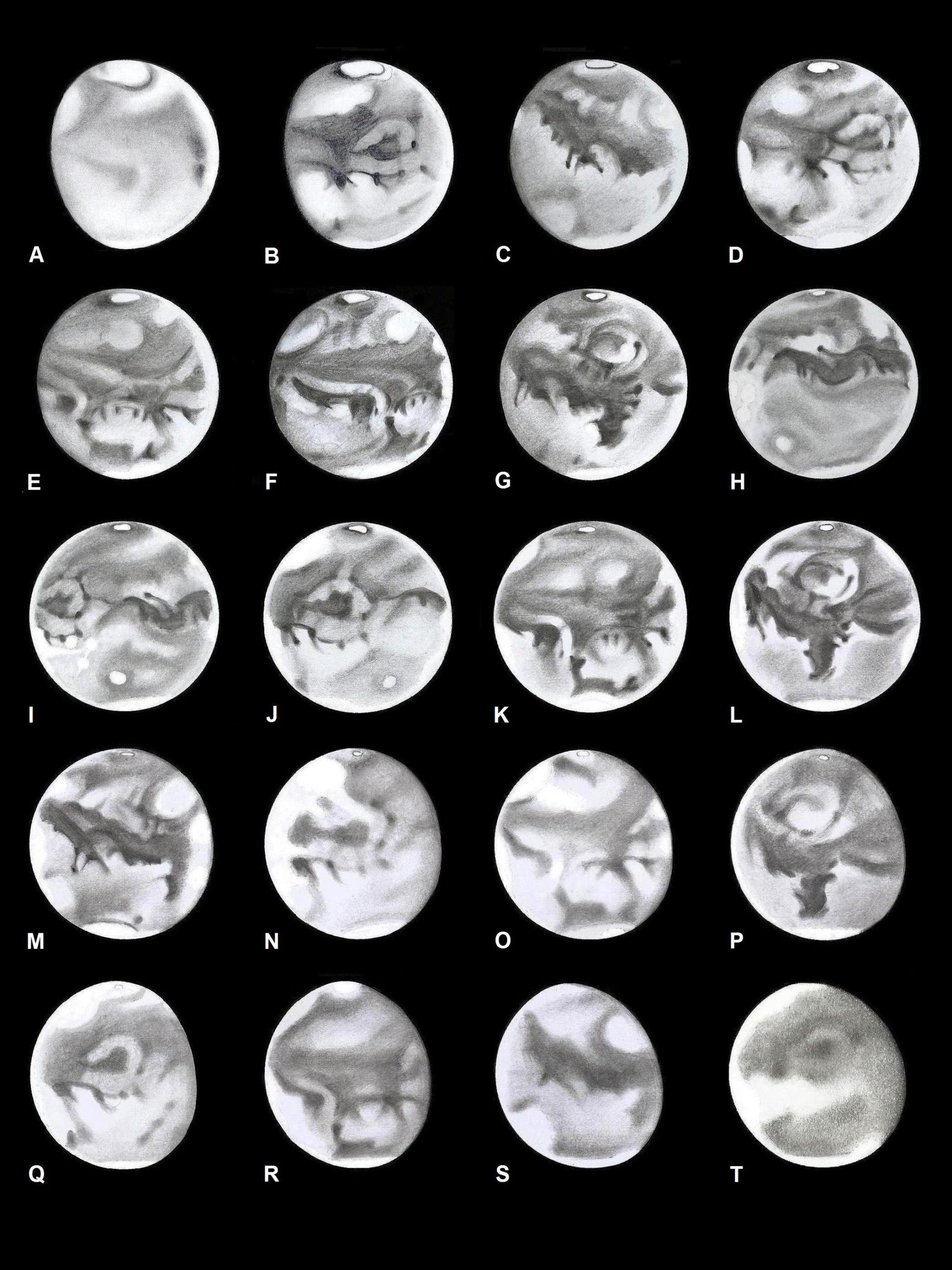 Black and white pencil drawings of Mars arranged in five rows and labelled A to T, with key features appearing as described in the caption