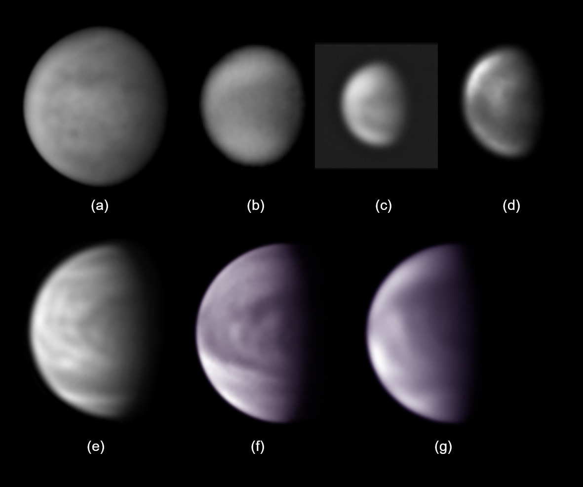 A selection of images, showing cloud markings quite clearly. All but the last two are black and white; the last two have a bluish hue with clouds appearing as swirling white markings.