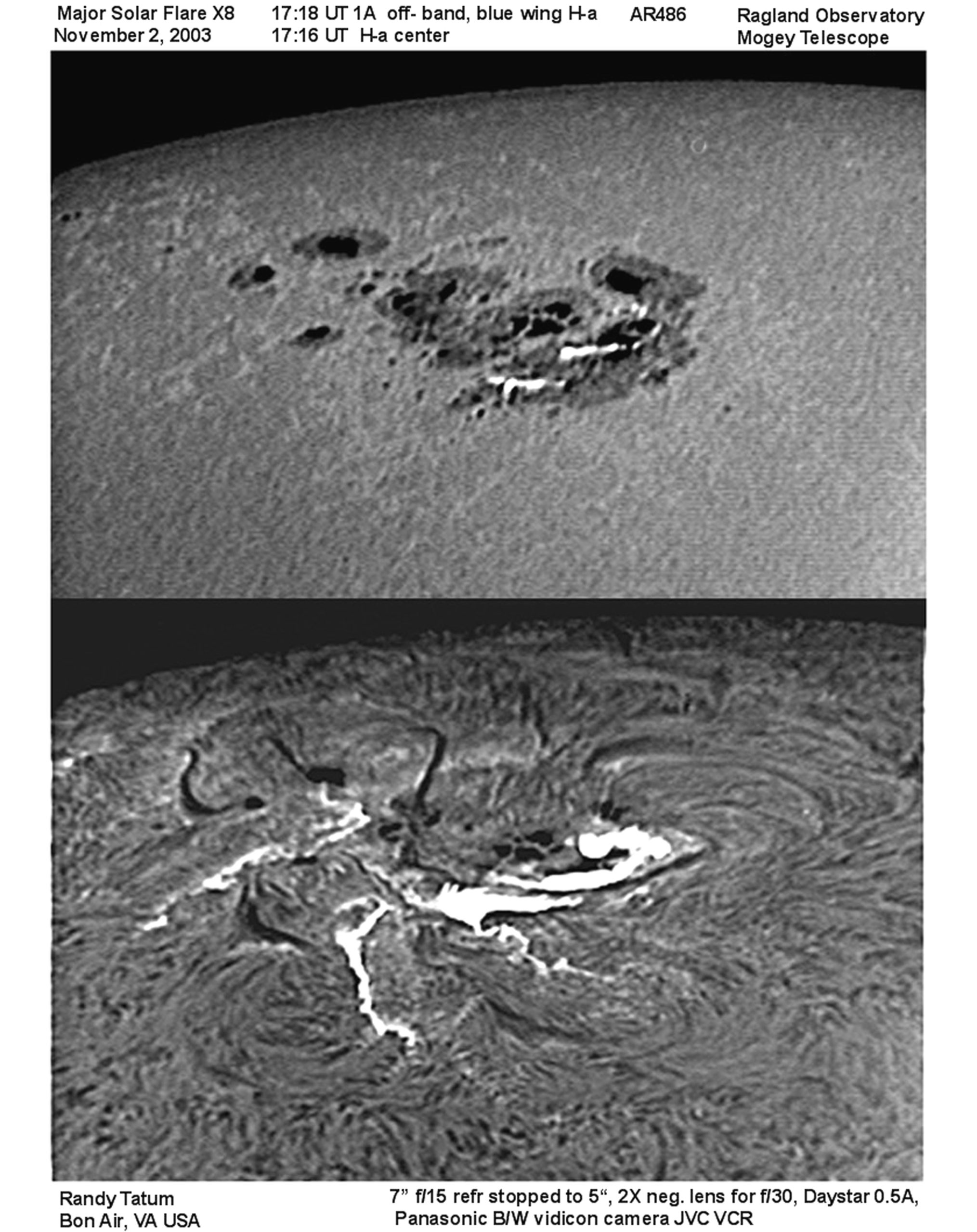 In the centre-band image, filaments and bright plage is more clearly seen; the flare appears bright against the dark umbrae and penumbrae of the active region