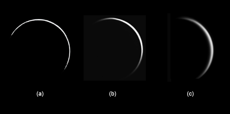 Three black and white images of the crescent Venus, each showing a thin crescent and labelled a, b and c. The crescent becomes slightly fatter as a progresses to c.