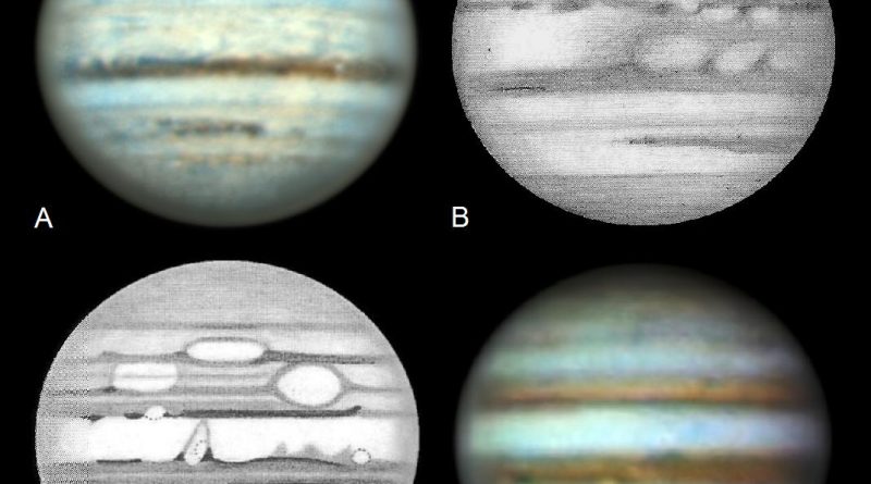 Four views of Jupiter, labelled A to D. A and D are colour photographs, while B and C are black and white sketches.