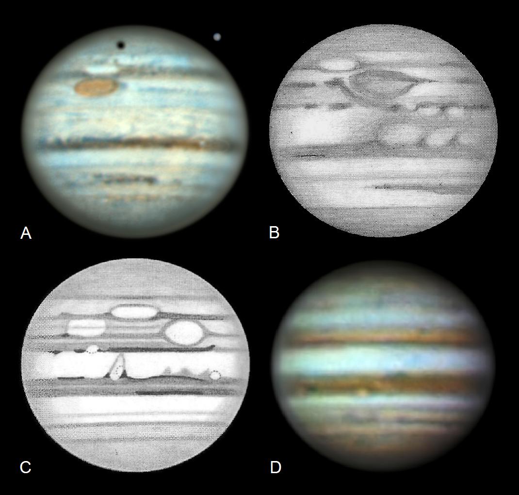 Four views of Jupiter, labelled A to D. A and D are colour photographs, while B and C are black and white sketches. 