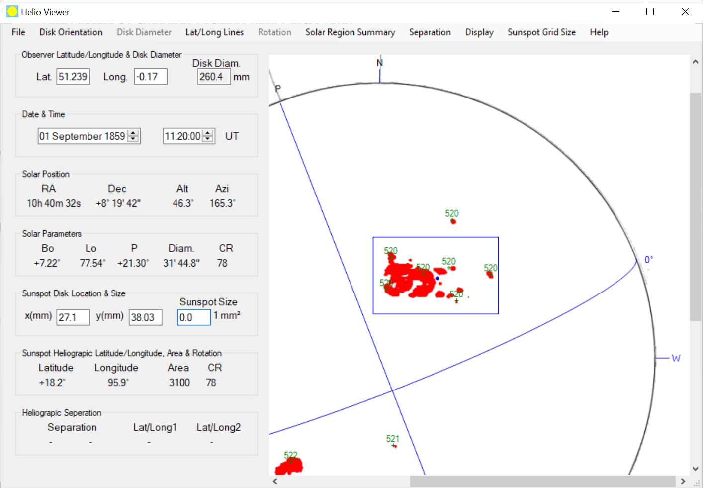 A screenshot, with area given on the left (this is repeated in Table 1, given in the PDF of the paper), and including a diagram of the group's area on the solar disc, with the extent of the group highlighted in red on a white background with equator and north-south axis shown in black lines.