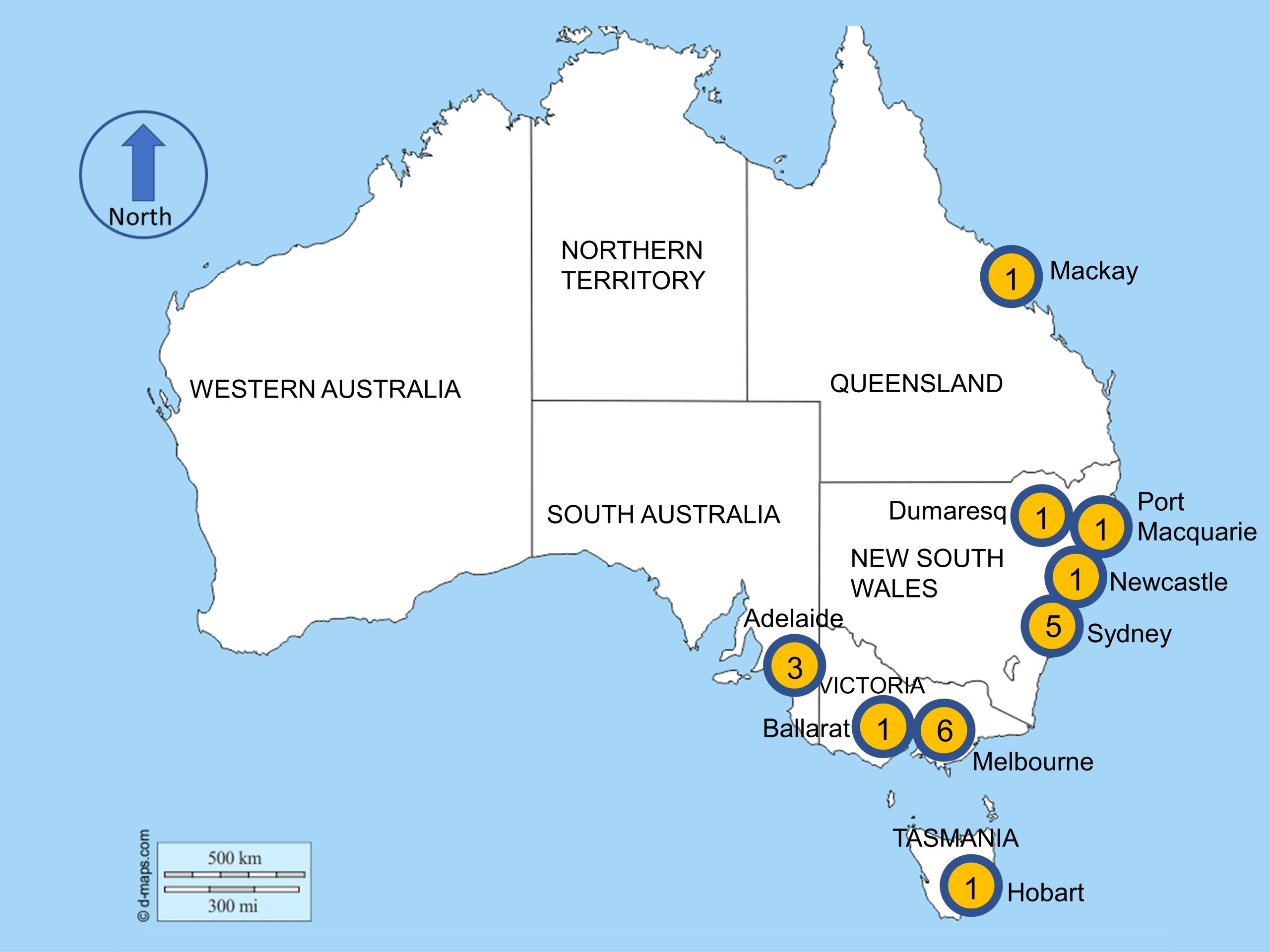 Map of Australia, with the key territories marked, and numbered locations highlighted on the east and south coast of the country