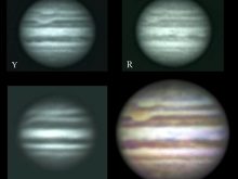 Four images of Jupiter, arranged in a square: these are yellow and blue (top left and right), red (bottom left) and RYB (bottom right). Key feaures are described in the caption.