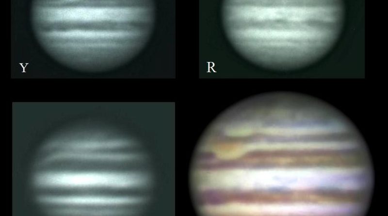 Four images of Jupiter, arranged in a square: these are yellow and blue (top left and right), red (bottom left) and RYB (bottom right). Key feaures are described in the caption.