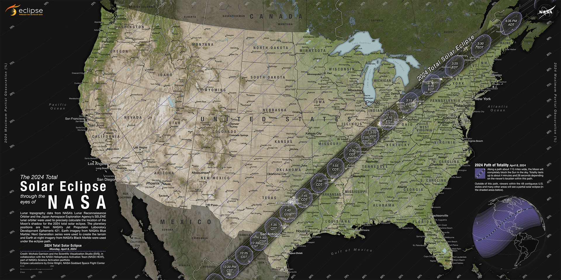 Map of North America with eclipse path marked, crossing Mexico and northeast through Texas, then passing south of the Great Lakes and exiting the eastern coast