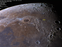 Mare Imbrium and Mare Frigoris, with a location marked with a yellow arrow east (IAU definition) of Plato