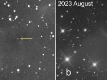 Two panels. In (a), on the left, the nebula is almost invisible (2020 October). In (b), on the right, the reflection nebula is easily seen as a bright fan shaped area; this was taken in 2023 August