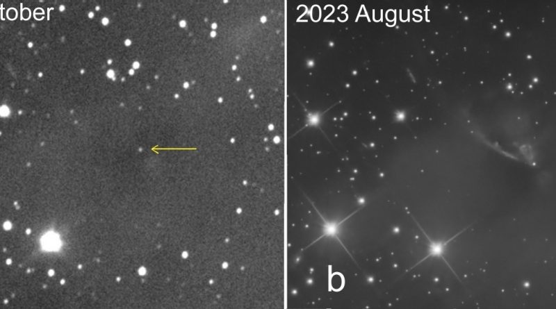 Two panels. In (a), on the left, the nebula is almost invisible (2020 October). In (b), on the right, the reflection nebula is easily seen as a bright fan shaped area; this was taken in 2023 August