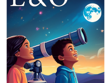 Two people and a telescope looking at the sky with Text E and O Newsletter edition 3 2025