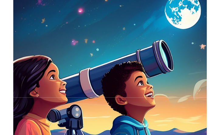 Two people and a telescope looking at the sky with Text E and O Newsletter edition 3 2025