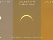 A picture of the partial solar eclipse, starting with a picture which is a circle with a small piece missing, following by a picture which is just a thin crescent, and then a third picture with just a small piece missing