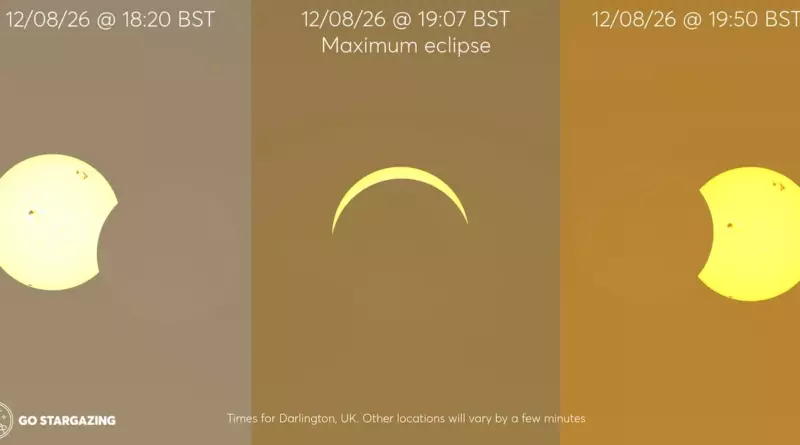 A picture of the partial solar eclipse, starting with a picture which is a circle with a small piece missing, following by a picture which is just a thin crescent, and then a third picture with just a small piece missing